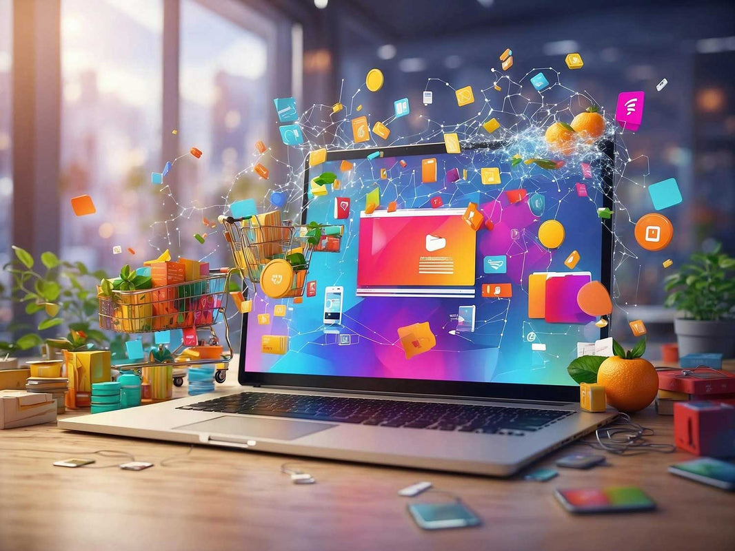 A laptop with lots of colourful app icons bursting from the screen.